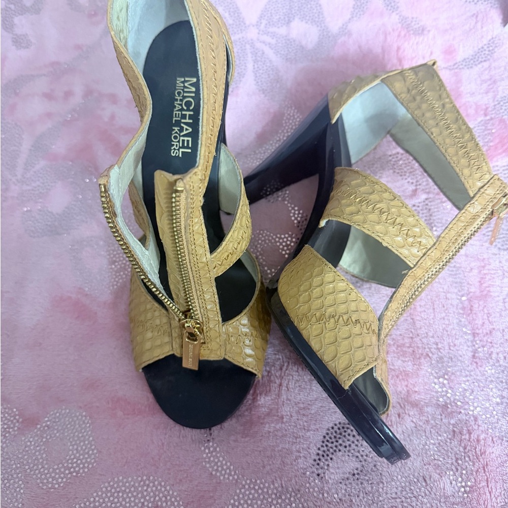 Michael Kors Tan Snake-Embossed Zip Front High Heel Sandals - Picture 1 of 2